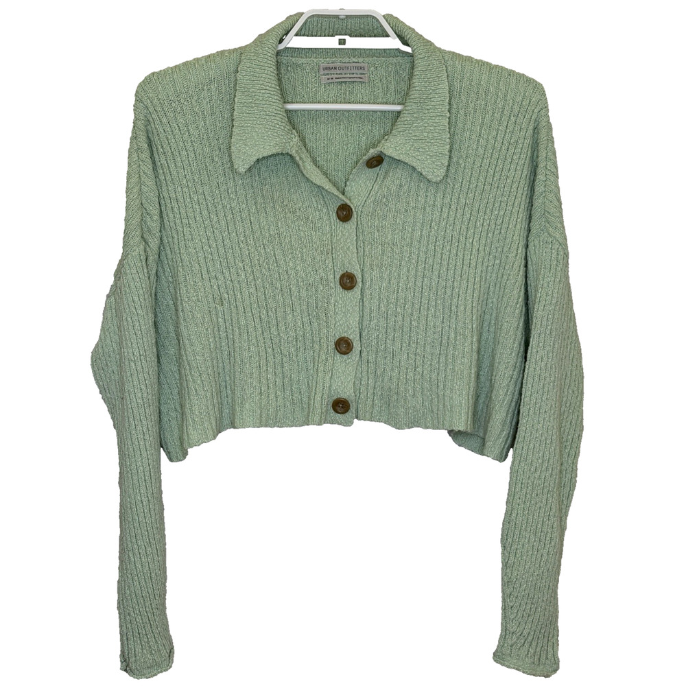 Urban Outfitters Cropped Sweater Cardigan Size Medium Green Button Front Collar